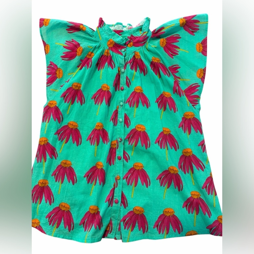 Victoria Dunn Flutter Floral Green Button Down Cap Sleeve Blouse Top Size Medium - Picture 2 of 7